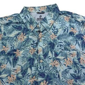 IZOD Saltwater Shirt Mens L Blue Short Sleeve Button Up Floral Cotton Hawaiian